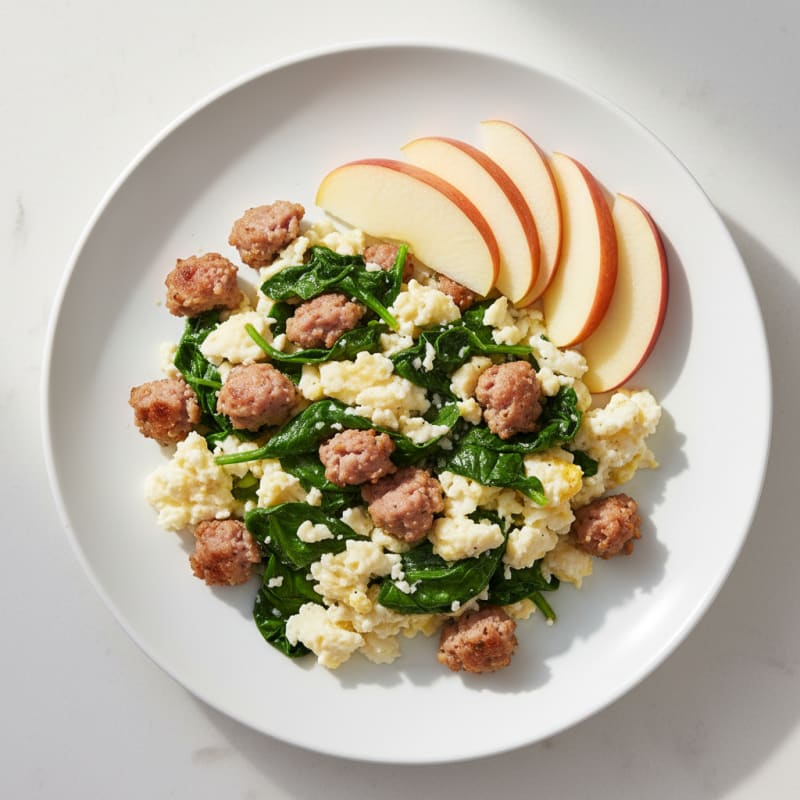 Scrambled Egg Whites with Turkey Sausage and Sautéed Spinach