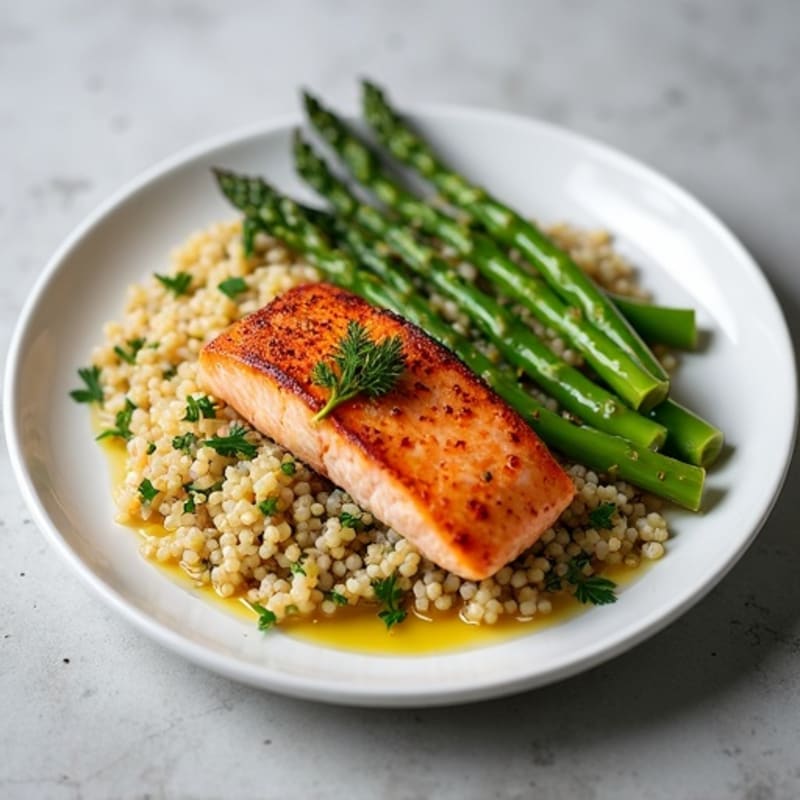 Seared Salmon Fillet with Herb Quinoa and Steamed Asparagus