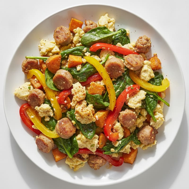 Egg White and Turkey Sausage Scramble with Spinach and Bell Peppers