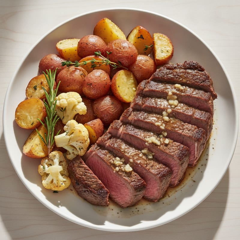 Garlic Herb Steak with Roasted Potatoes and Cauliflower