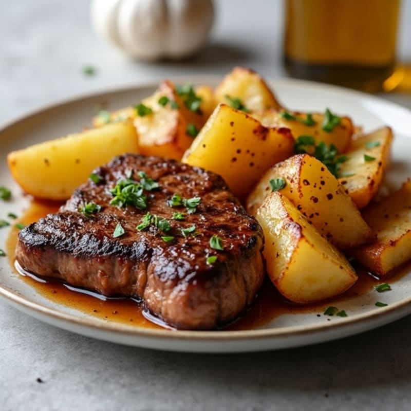 Pan-Seared Steak with Crispy Garlic Roasted Potatoes