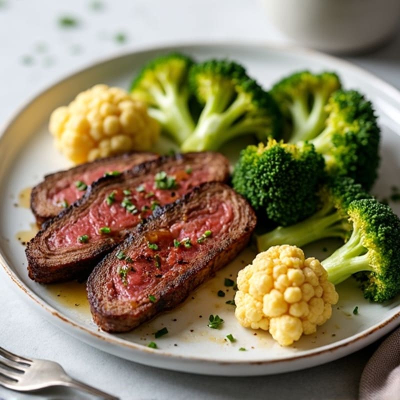 Seared Lean Beef Strips with Roasted Broccoli and Cauliflower