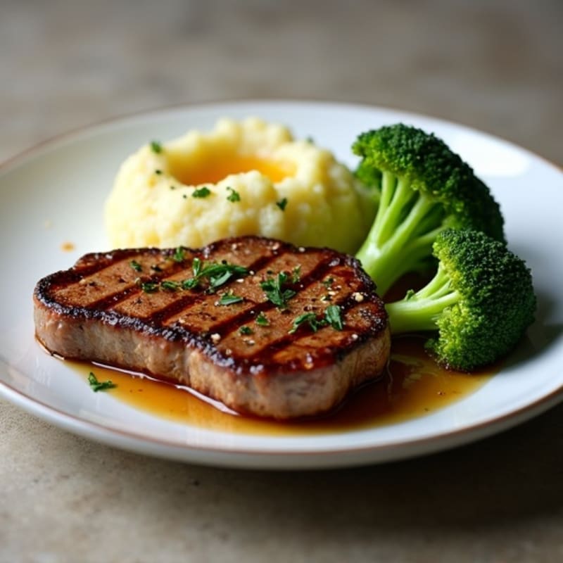 Seared Steak with Garlic Mashed Potatoes and Steamed Broccoli