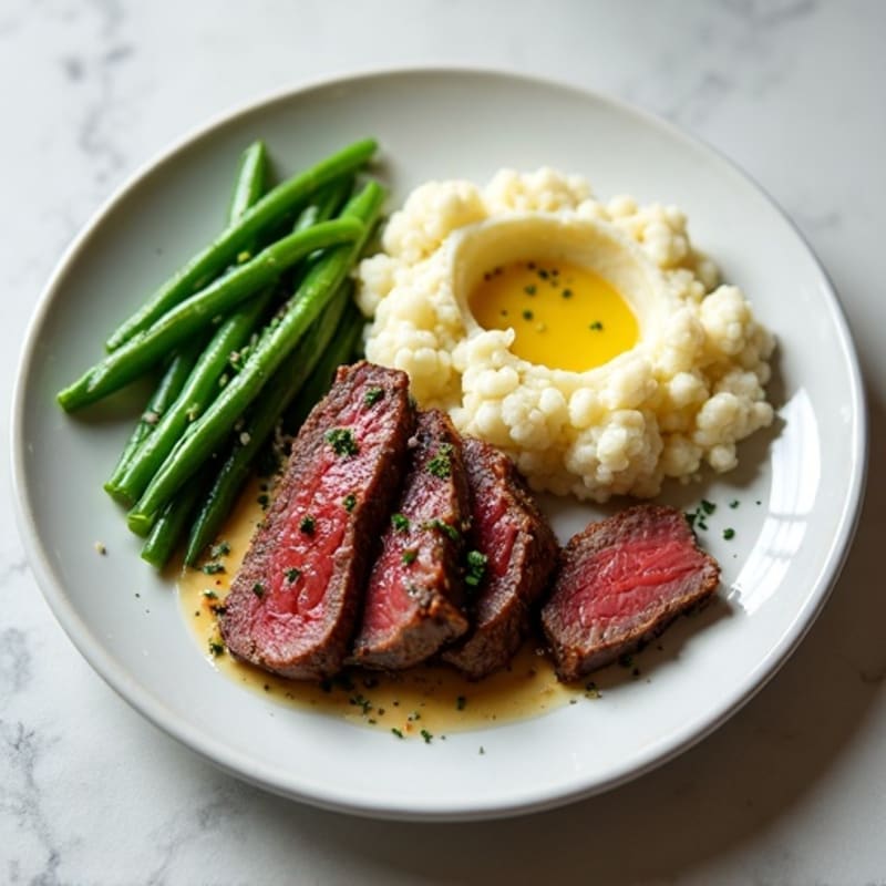 Seared Lean Beef Strips with Steamed Green Beans and Cauliflower Mash