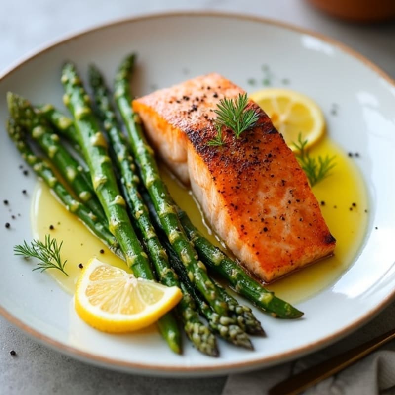 Crispy Pan-Seared Salmon with Lemon-Dill Roasted Asparagus