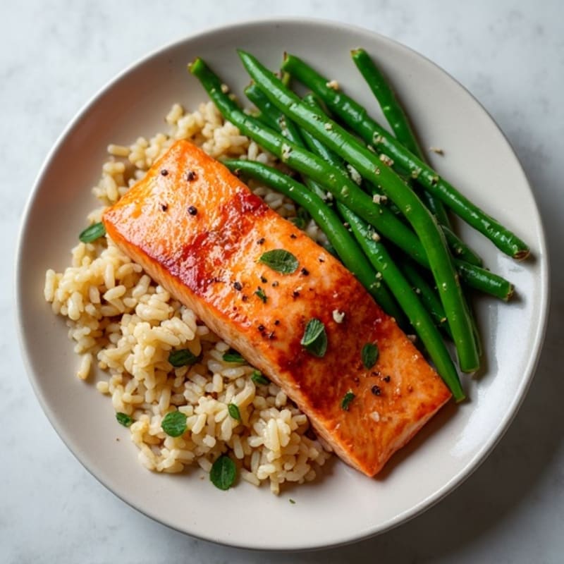 Seared Salmon Filet with Garlic Green Beans and Brown Rice