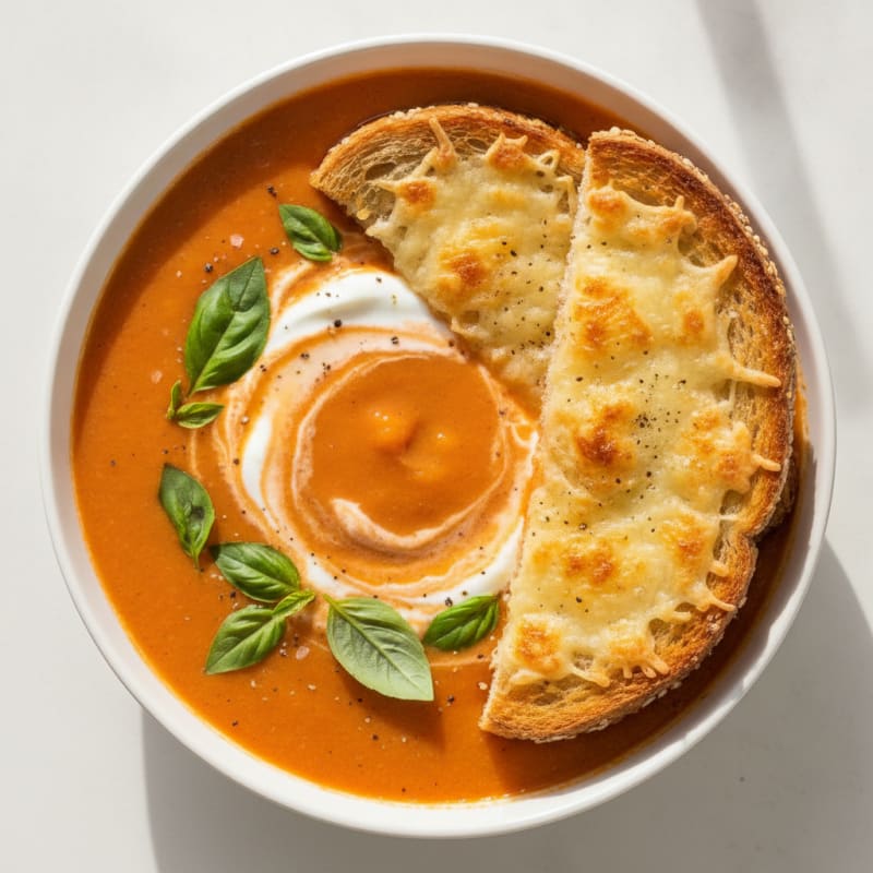 Roasted Tomato Basil Soup with Parmesan Crostini