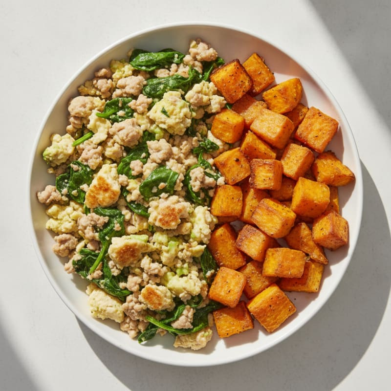 Egg White and Turkey Spinach Scramble with Roasted Sweet Potato