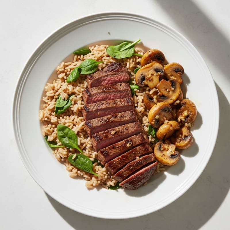 Seared Beef with Roasted Mushrooms and Spinach Rice