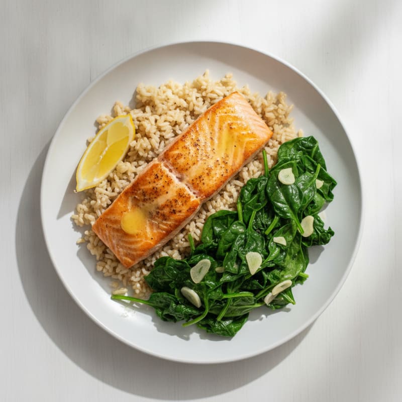 Seared Salmon with Garlic Sautéed Spinach and Brown Rice