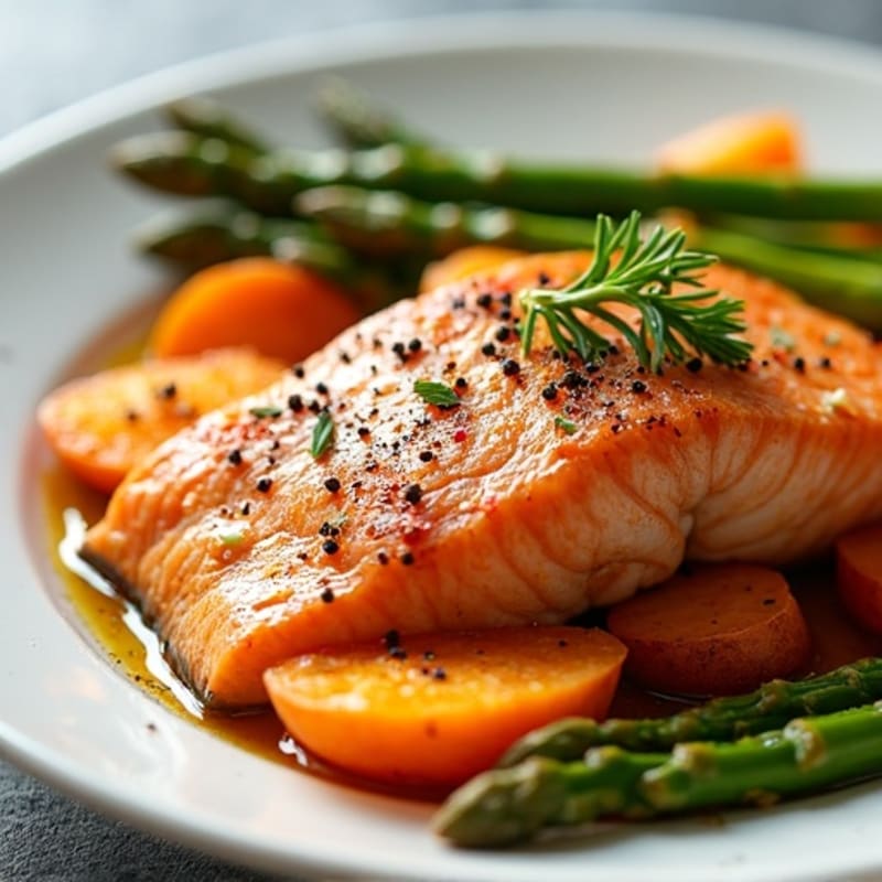 Seared Salmon with Roasted Sweet Potato and Asparagus