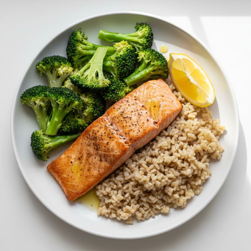 Seared Salmon Fillet with Steamed Broccoli and Brown Rice