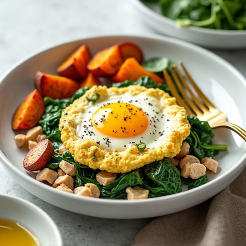Egg White and Turkey Spinach Scramble with Roasted Sweet Potatoes