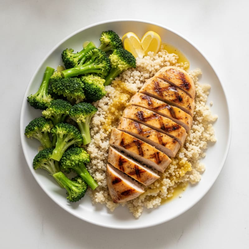 Grilled Lemon Herb Chicken Breast with Quinoa and Steamed Broccoli