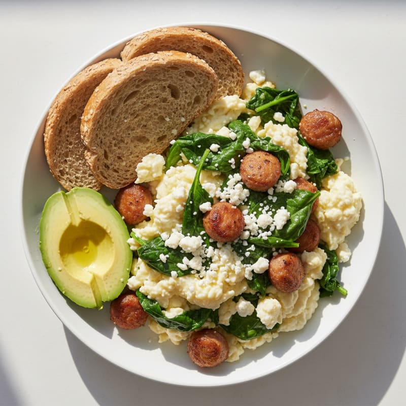 Egg White and Turkey Sausage Scramble with Spinach and Feta