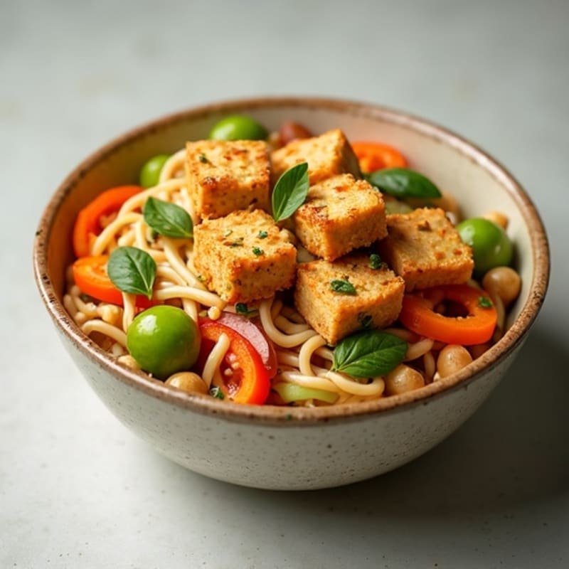 Creamy Thai Peanut Noodles with Crispy Tofu and Fresh Vegetables