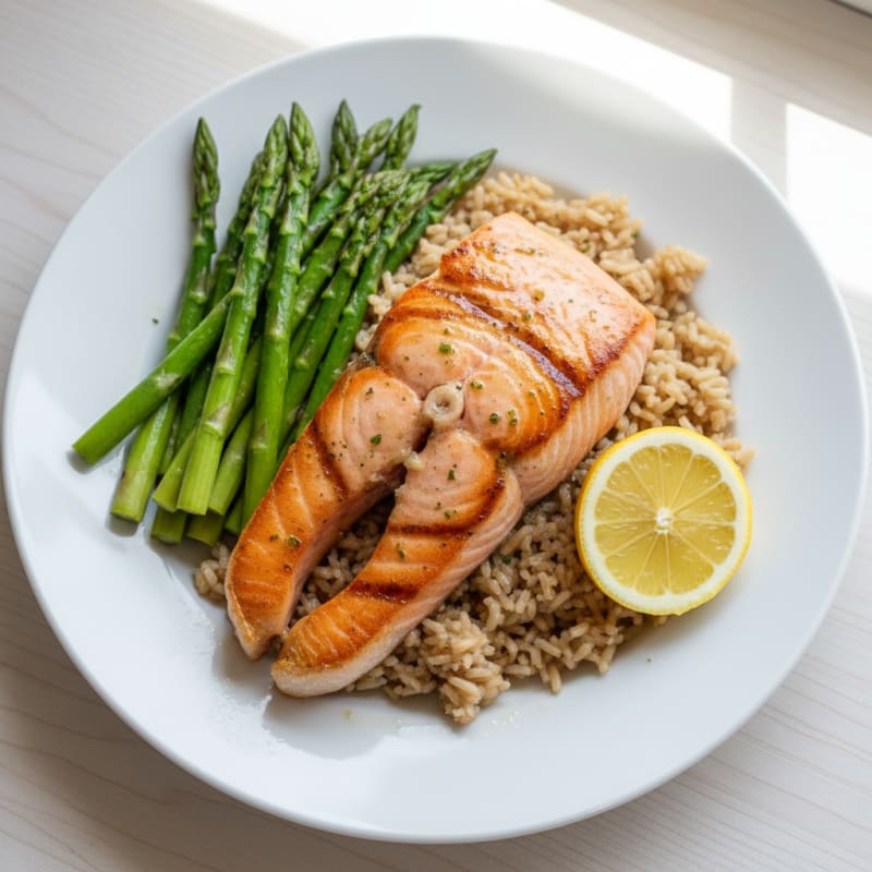 Seared Salmon Fillet with Steamed Asparagus and Brown Rice