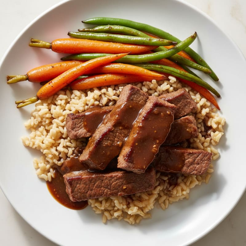 Seared Beef Strips with Roasted Vegetables and Savory Gravy