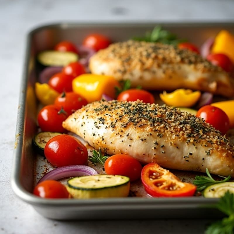 Herb-Crusted Sheet Pan Chicken with Roasted Rainbow Vegetables