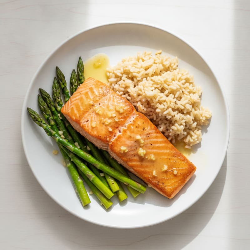 Seared Salmon with Lemon-Garlic Asparagus and Brown Rice