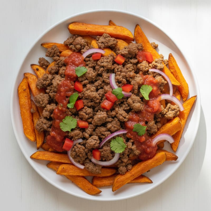 Loaded Ground Beef Sweet Potato Fries