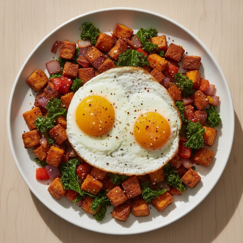 Tempeh and Sweet Potato Hash with Fried Egg
