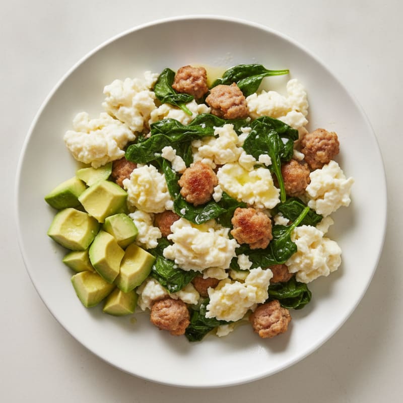 Egg White and Turkey Sausage Scramble with Sautéed Spinach