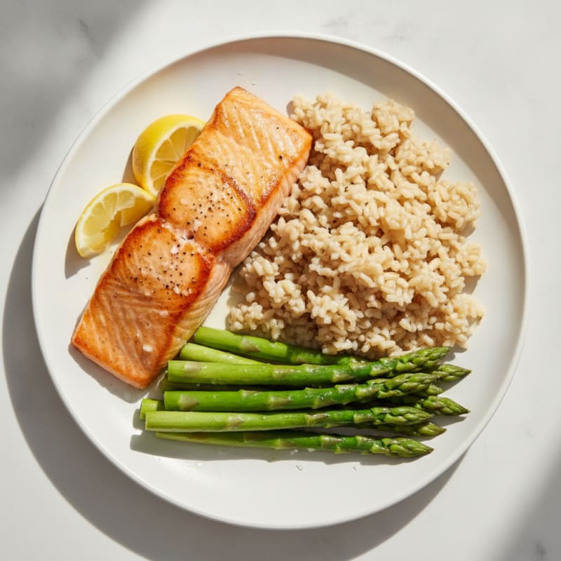 Seared Salmon with Steamed Asparagus and Brown Rice