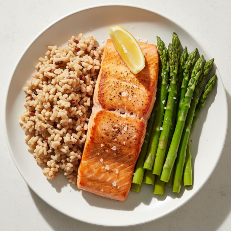 Seared Salmon with Steamed Asparagus and Brown Rice