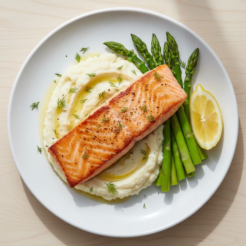 Seared Salmon Fillet with Steamed Asparagus and Cauliflower Mash
