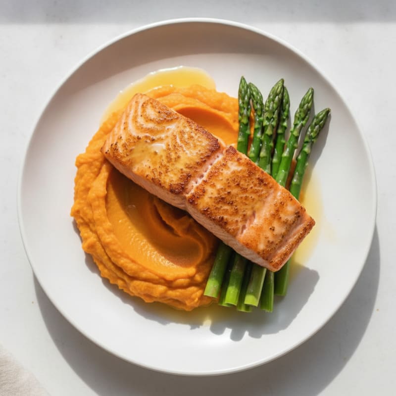 Seared Salmon Filet with Steamed Asparagus and Sweet Potato Mash