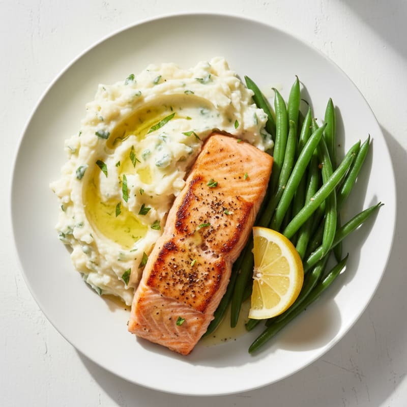 Seared Salmon Fillet with Steamed Green Beans and Garlic Mashed Potatoes