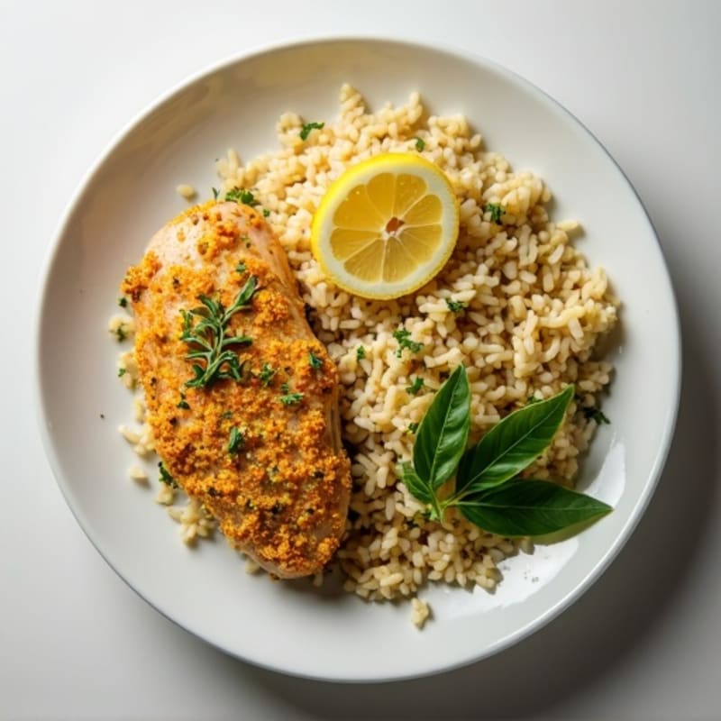 Herb-Crusted Lemon Chicken with Garlic Rice