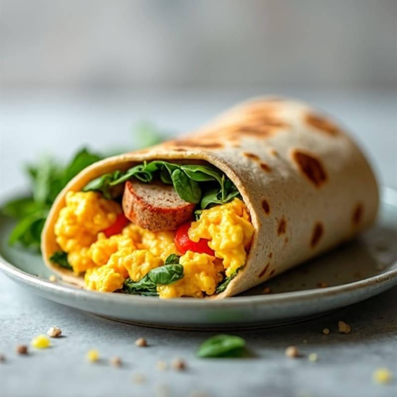 Scrambled Egg and Lean Turkey Sausage Breakfast Burrito with Fresh Spinach