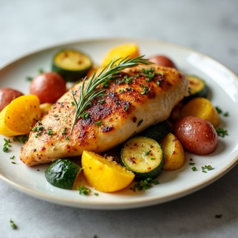 Herb-Roasted Chicken with Crispy Zucchini, Squash, and Red Potatoes