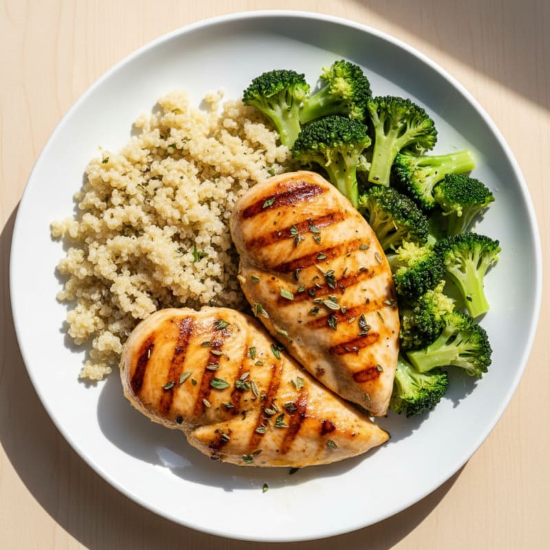 Grilled Lemon Herb Chicken Breast with Steamed Broccoli and Quinoa