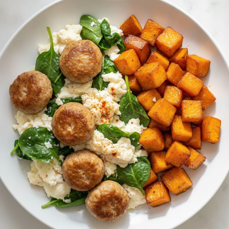 Egg White and Turkey Sausage Scramble with Roasted Sweet Potatoes
