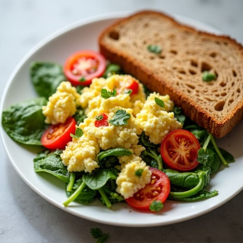 Cottage Cheese Egg White Scramble with Spinach and Cherry Tomatoes