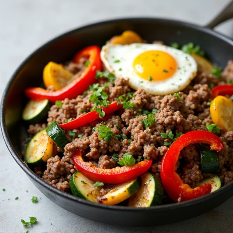 Lean Ground Beef and Roasted Vegetable Skillet