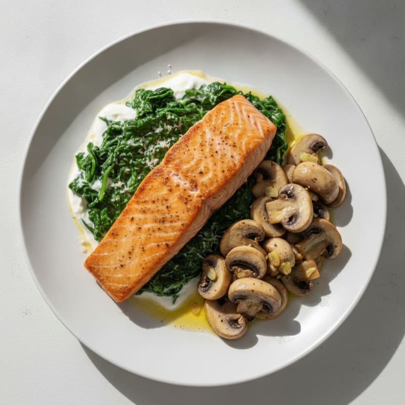 Seared Salmon Fillet with Creamy Spinach and Garlic Sautéed Mushrooms