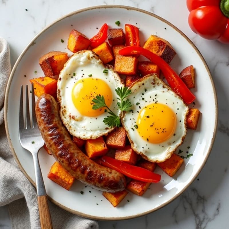 Sheet Pan Eggs with Roasted Sweet Potatoes and Bell Peppers
