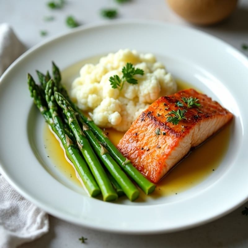 Seared Salmon Filet with Steamed Asparagus and Herb Cauliflower Mash