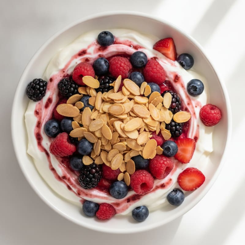 Greek Yogurt Protein Parfait with Mixed Berries and Almonds