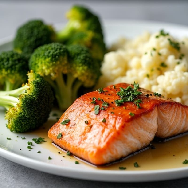 Seared Salmon with Roasted Broccoli and Garlic Mashed Cauliflower
