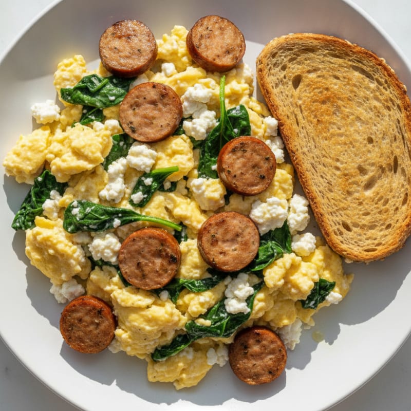 Cottage Cheese Egg Scramble with Spinach and Turkey Sausage