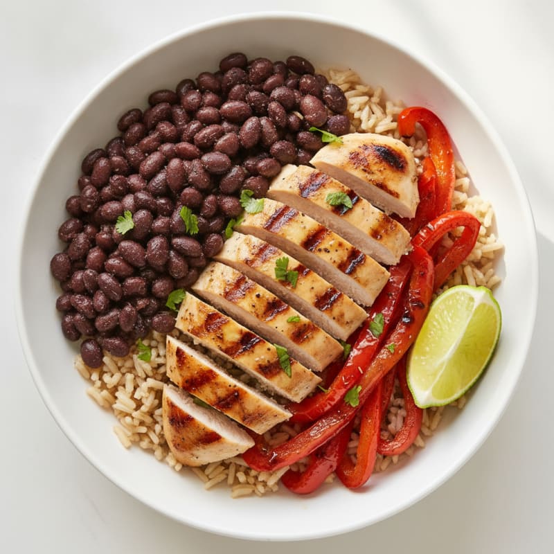 Grilled Chicken Rice Bowl with Black Beans and Roasted Peppers