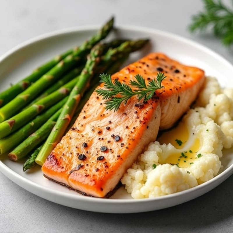 Seared Salmon with Steamed Asparagus and Cauliflower Mash