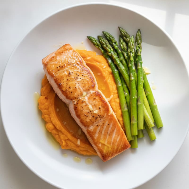 Seared Salmon with Sautéed Asparagus and Sweet Potato Mash
