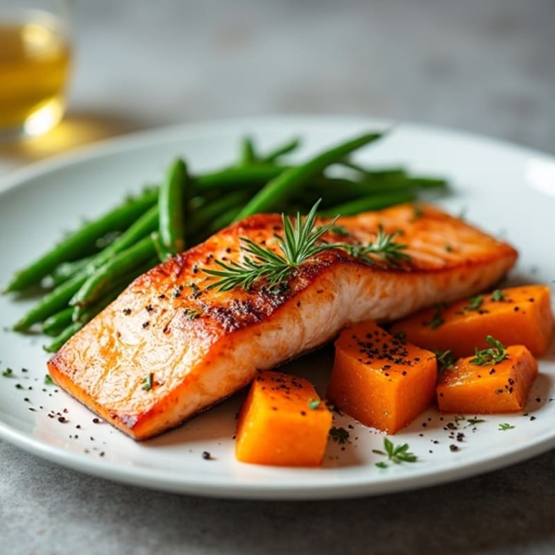 Pan-Seared Salmon with Roasted Japanese Sweet Potato and Crispy Green Beans