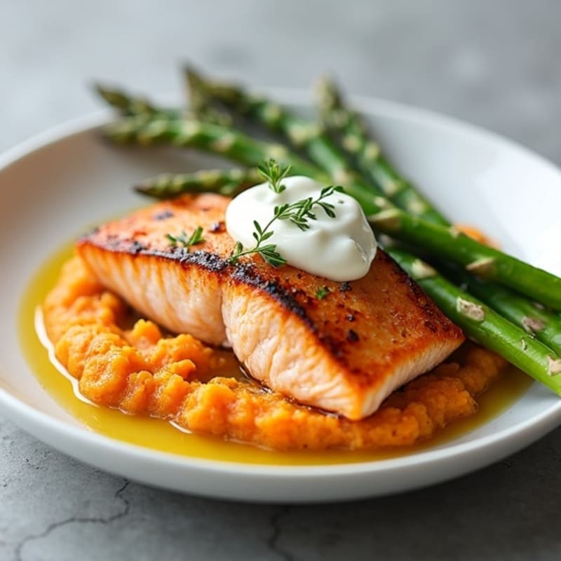 Pan-Seared Salmon with Steamed Asparagus and Sweet Potato Mash